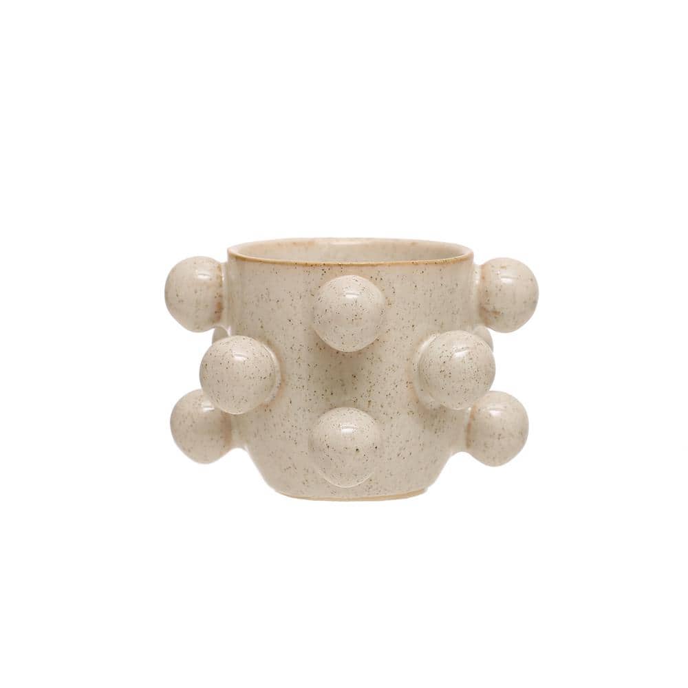 4.25 in. L x 4.37 in. W x 2.75 in H 1 qt. Reactive Glaze Cream Color Speckled Stone Decorative Pots with Orbs - Hercitys