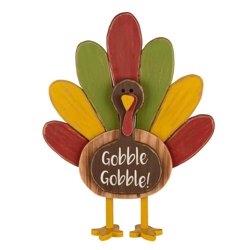 24.33 in. H Thanksgiving Wooden Turkey Standing Decor (KD) - Hercitys