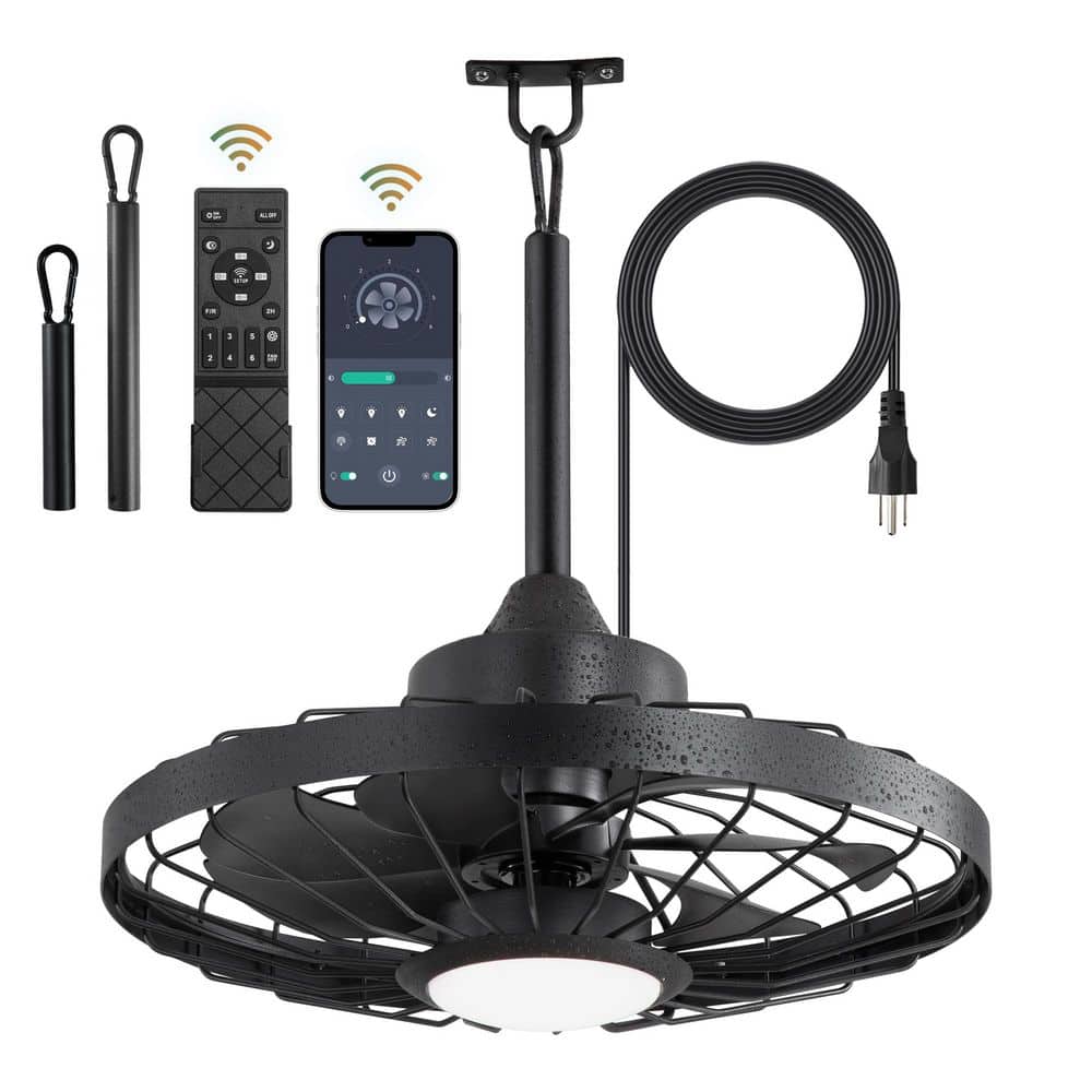 20 in. Outdoor Black Ceiling Fan with lights, IP65 Waterproof Hanging Fan with Remote Control Smart App for Patio Porch - Hercitys