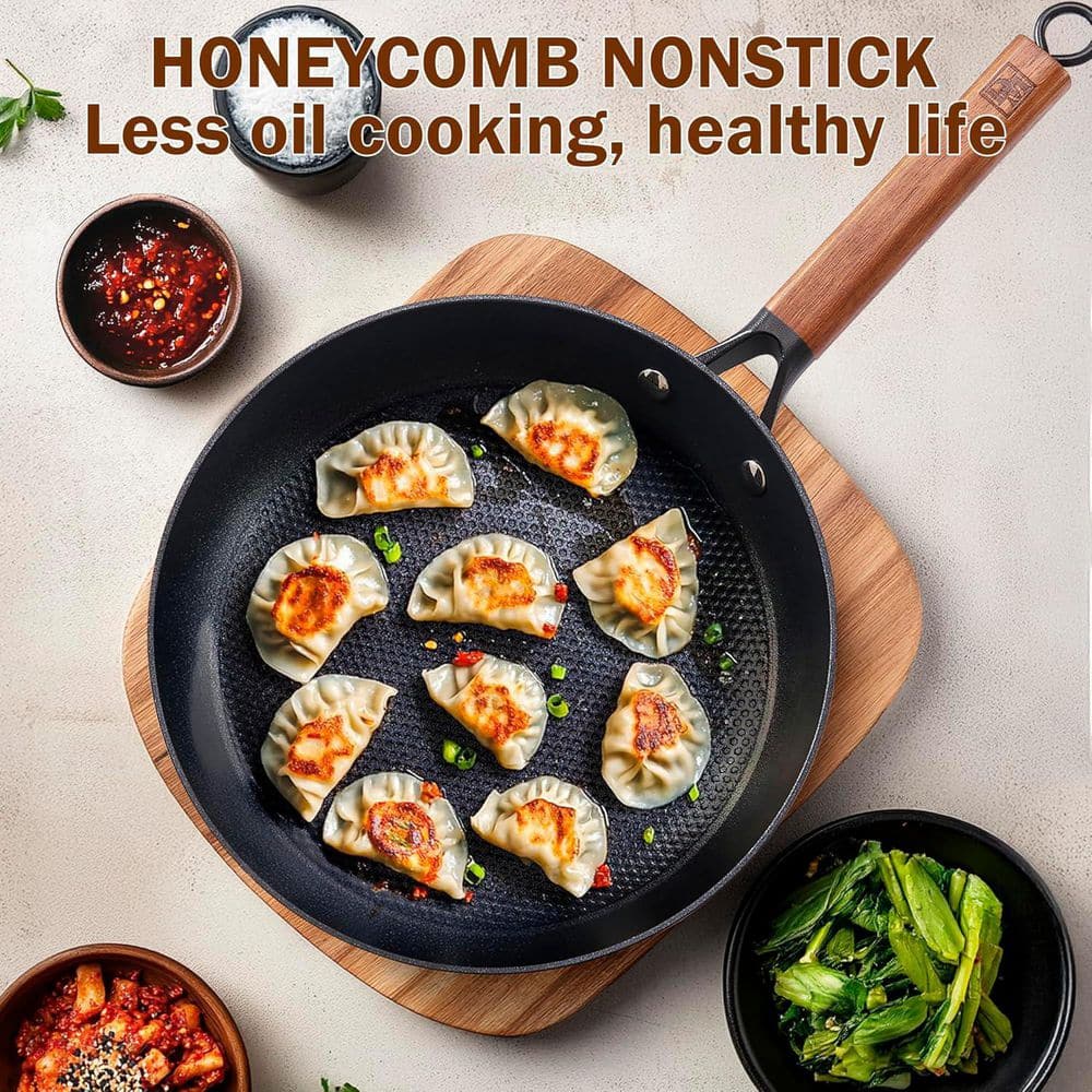 12 in. Cast Iron Nonstick Frying Pan Skillet with Detachable Acacia Wooden Handle, Honeycomb Non Stick Omelet Egg Pan - Hercitys