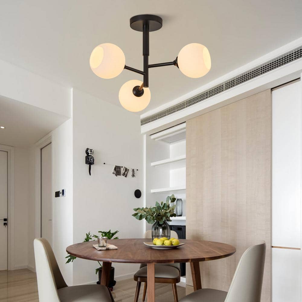 19 in. 3-Light Black Semi-Flush Mount with Frosted Opal White Ribbed Glass Shade - Hercitys