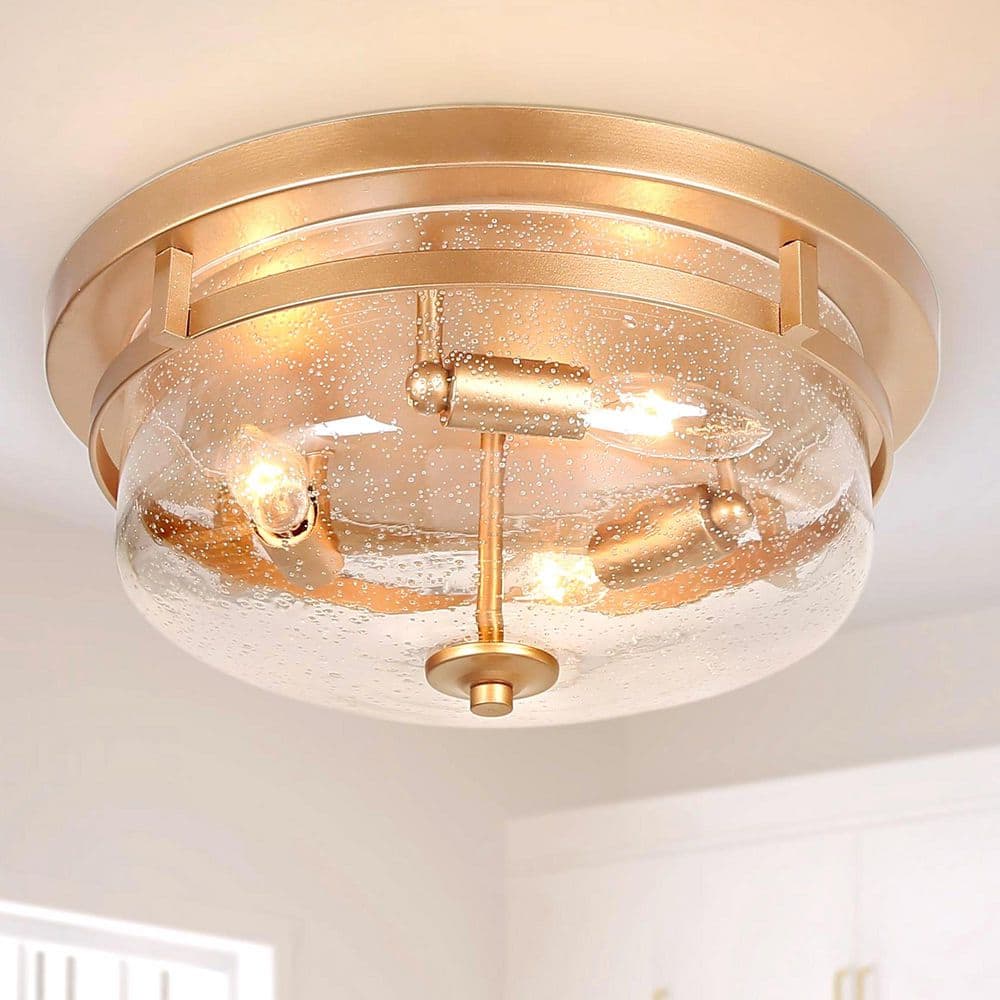 13.5 in. 3-Light Gold Drum Flush Mount Light Modern Circle Ceiling Light with Clear Seedy Glass Shade for Entry Kitchen - Hercitys