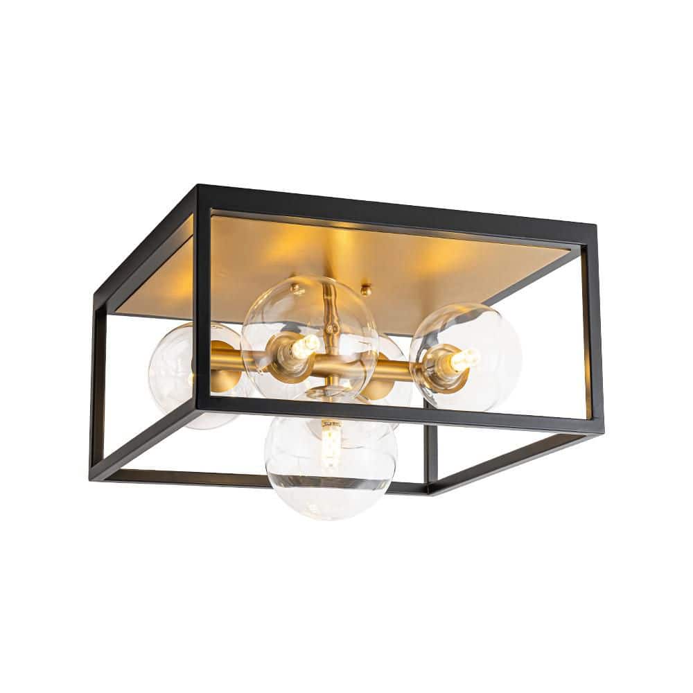 14.17 in. 5-Light Black Gold Modern Farmhouse Open-Caged Flush Mount Close to Ceiling Light with Clear Glass Shade - Hercitys