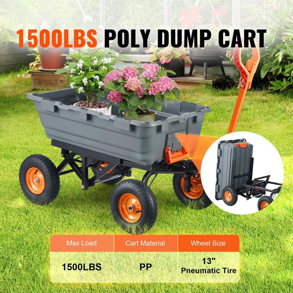 15 cu. ft. Garden Dump Cart with Easy to Assemble Steel Frame Dump Wagon Garden Cart with 2-in-1 Convertible Handle - Hercitys