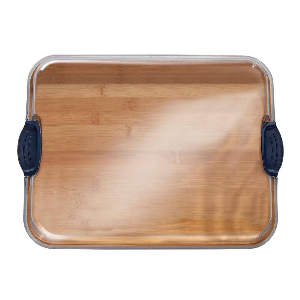 11 in L x14 in W x 2.9 in H Build-A-Board Bamboo Cutting Board w/ Clear Locking Lid w/Black Handles, Single Compartment - Hercitys