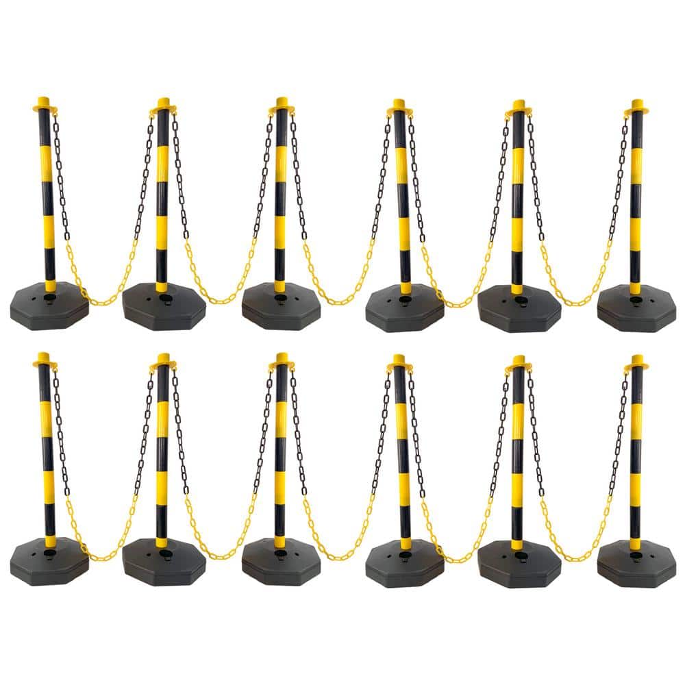 12-Pack Yellow 11.25 in. x 11.25 in. x 2.7 ft. Composite Fence Picket Post Cones with Fillable Base and 5 ft. Chain - Hercitys