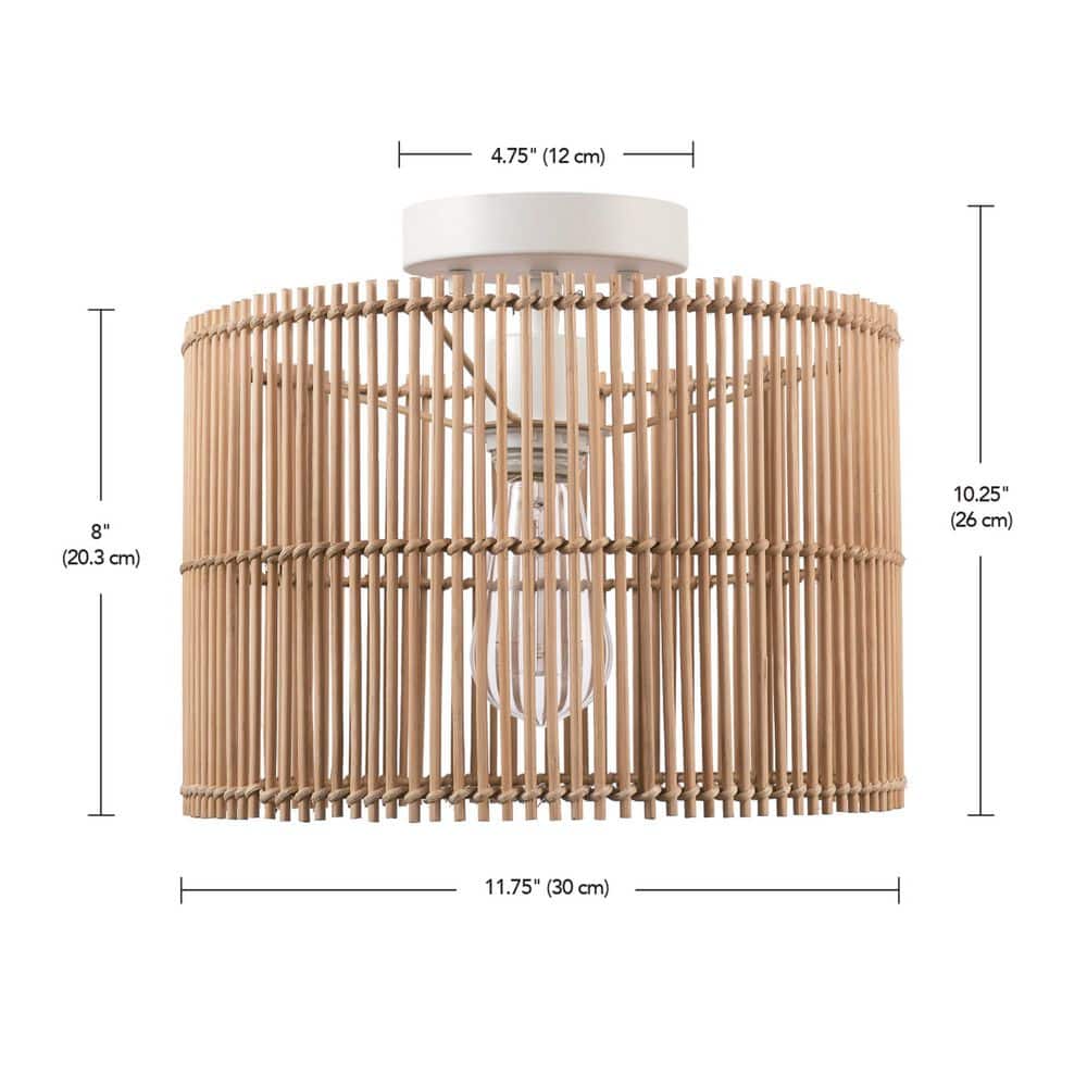 11.75 in. 1-Light Matte White Semi-Flush Mount Ceiling Light with Natural Bamboo Shade - Hercitys