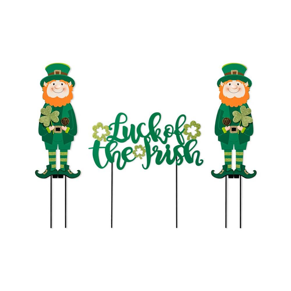 26 in. H Set of 3 St. Patrick’s Metal Leprechaun and LUCK OF THE IRISH Yard Stake - Hercitys