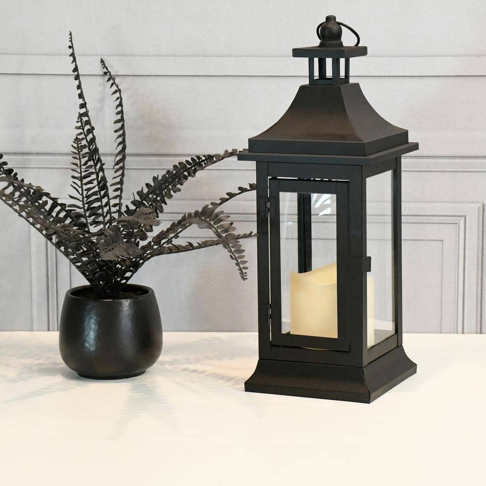 5 in. x 13.25 in. Matte Black Small Metal Classic Lantern with LED Candle - Hercitys