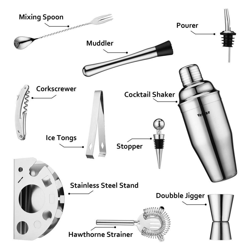 10-Piece Silver Stainless Steel Cocktail Shaker Set Cocktail Shaker 850ml with Pourer Stopper Muddler Mixing Spoon etc. - Hercitys