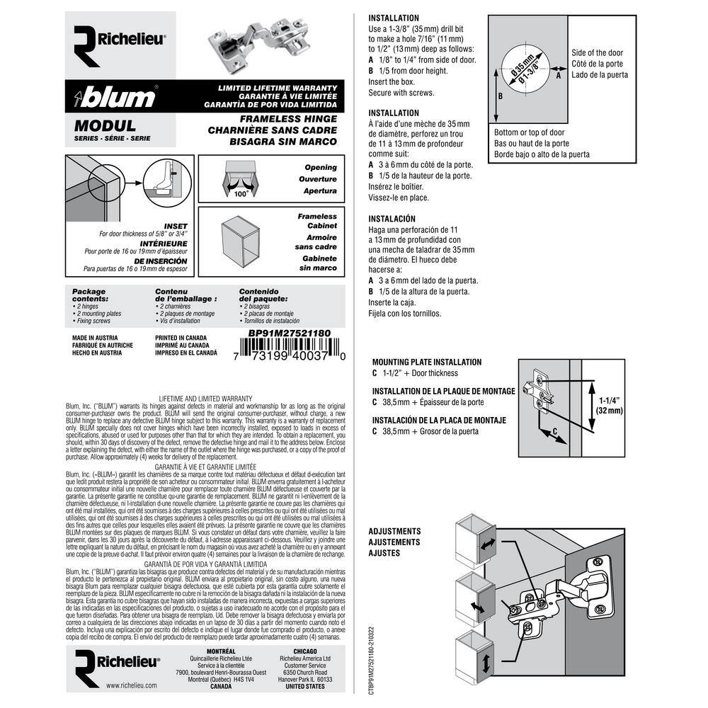(2-Pack) Modul Series 35 mm Spring Closing Inset for Frameless Cabinet Hinge - Hercitys