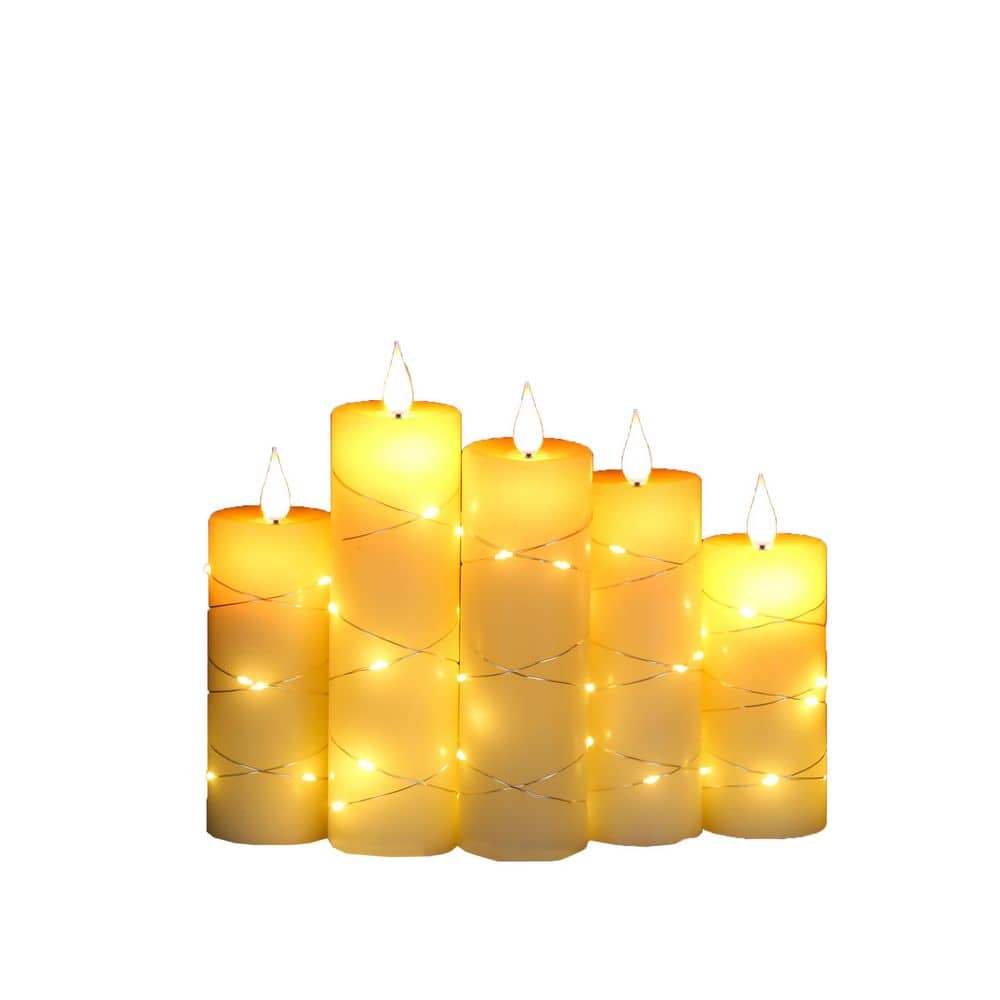 5-Piece Remote-Controlled Flameless Ivory White Real Wax LED Candles with Light String and Timer - Hercitys