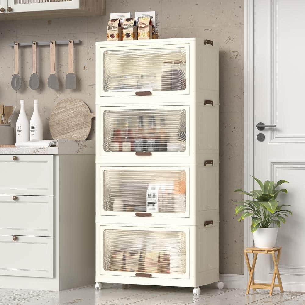 4-Tiers Plastic Storage Bins with Lids 230 qt. Stackable Storage Container with Wheels, Folding Storage Boxe-Cream White - Hercitys