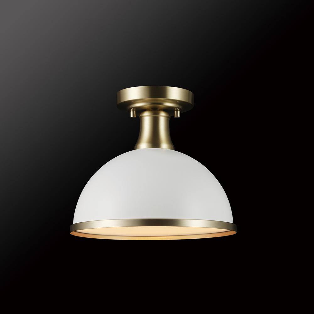 10 in. 1-Light Matte White Semi-Flush Mount Ceiling Light with Matte Brass Accents - Hercitys