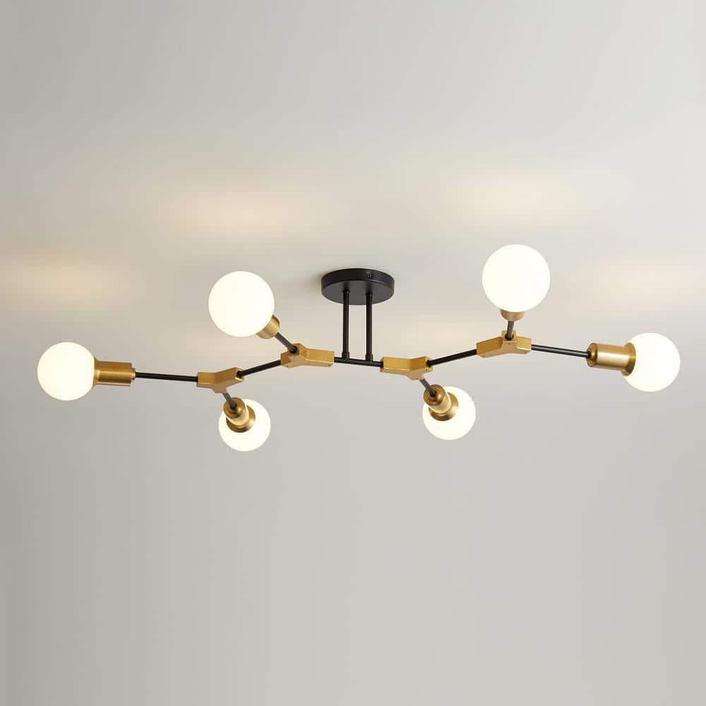 35 in. 6-Light Black and Gold Modern Sputnik Semi-Flush Mount, Mini Chandelier for Bedroom Living Room Hallway - Hercitys