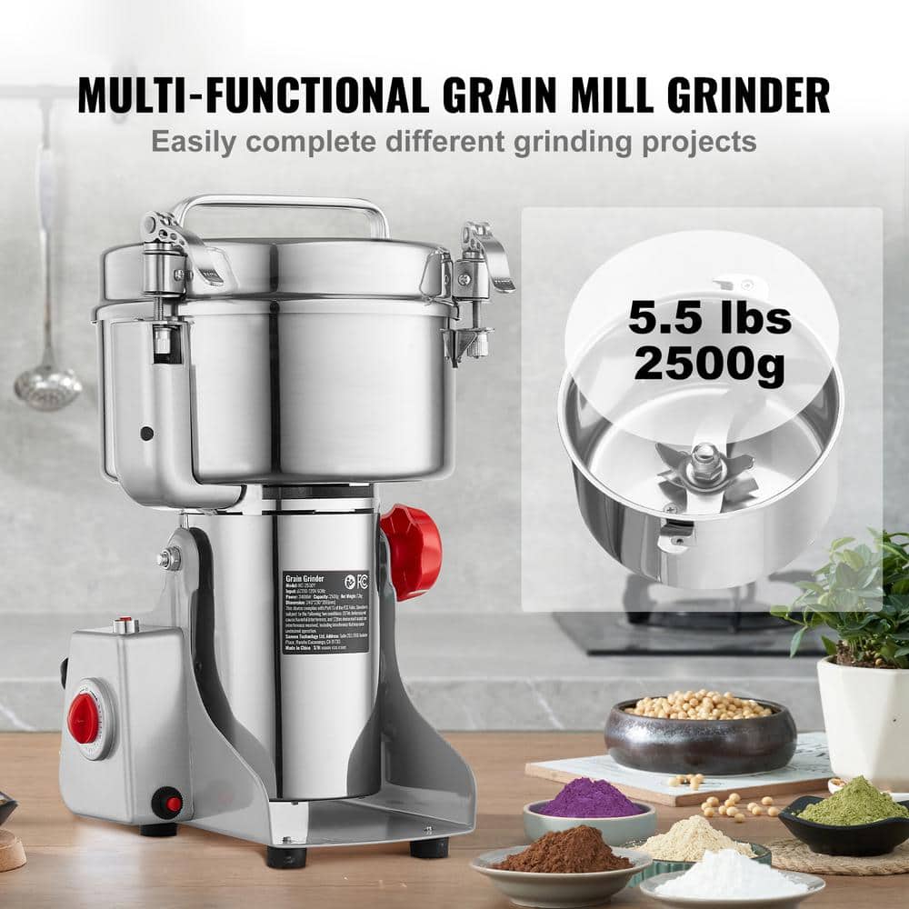 2000g Electric Grain Mill Grinder, 3400-Watt High-Speed Commercial Spice Pulverizer, Stainless Steel Swing Type - Hercitys