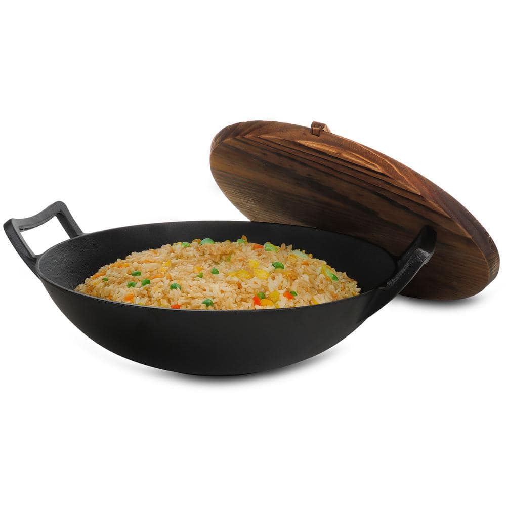 14 in. Heavy Duty Cast Iron Wok with Wood Lid - Hercitys