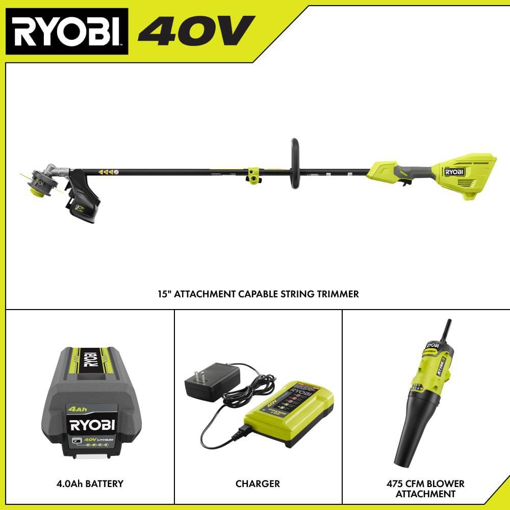 40V 15 in. Expand-It Cordless Battery Attachment Capable String Trimmer & Blower Attachment w/ 4.0 Ah Battery & Charger - Hercitys