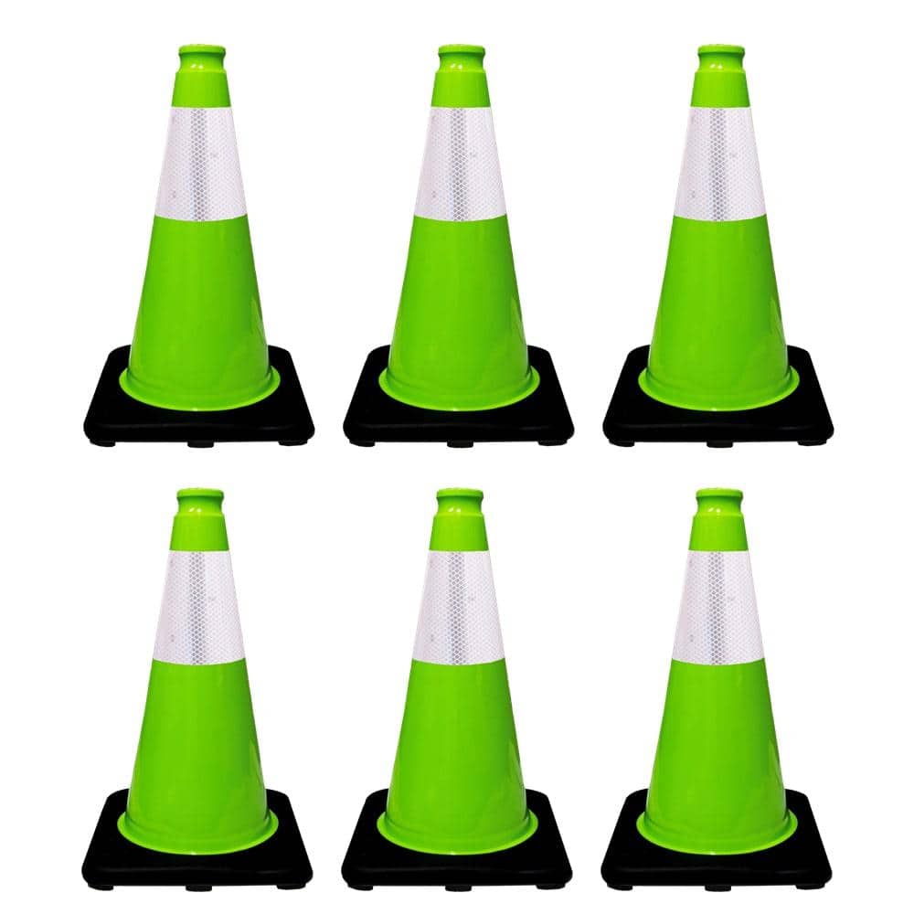 18 in. Lime Green Traffic Cone with Black Base and 6 in. Reflective Collar 3 lbs. (6-Pack) - Hercitys