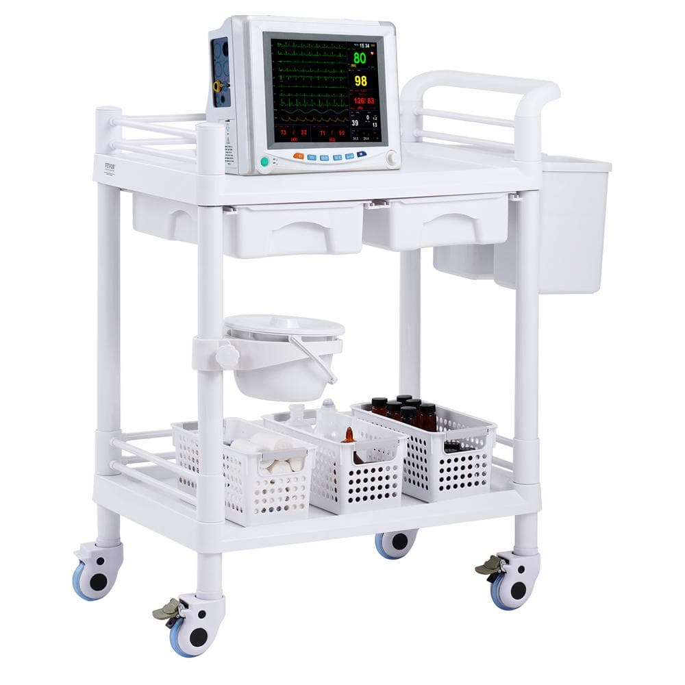 2 Tiers Lab Carts, Lab Utility Cart with 2 Trays, 2 Drawers Mobile Medical Cart with PP Material White Kitchen Cart - Hercitys