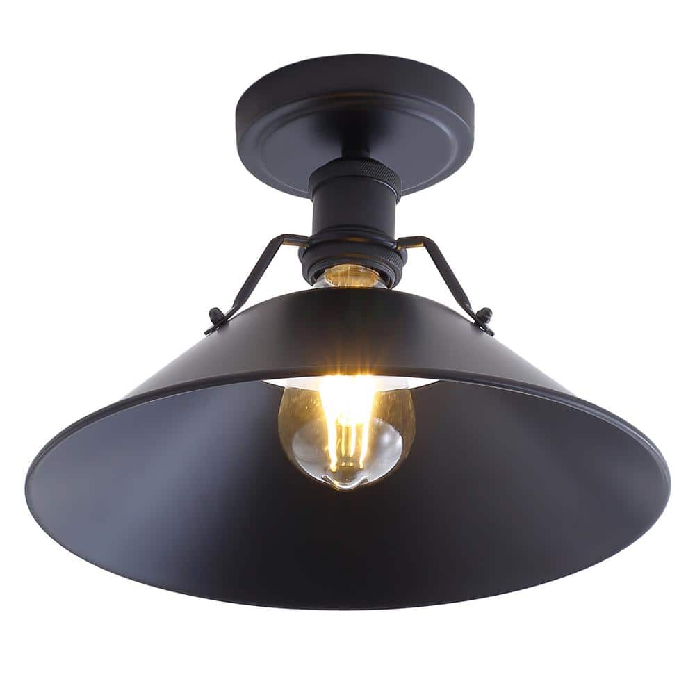 12 in. 1-Light Farmhouse Black Semi-Flush Mount Light Industrial Close to Ceiling Lighting - Hercitys