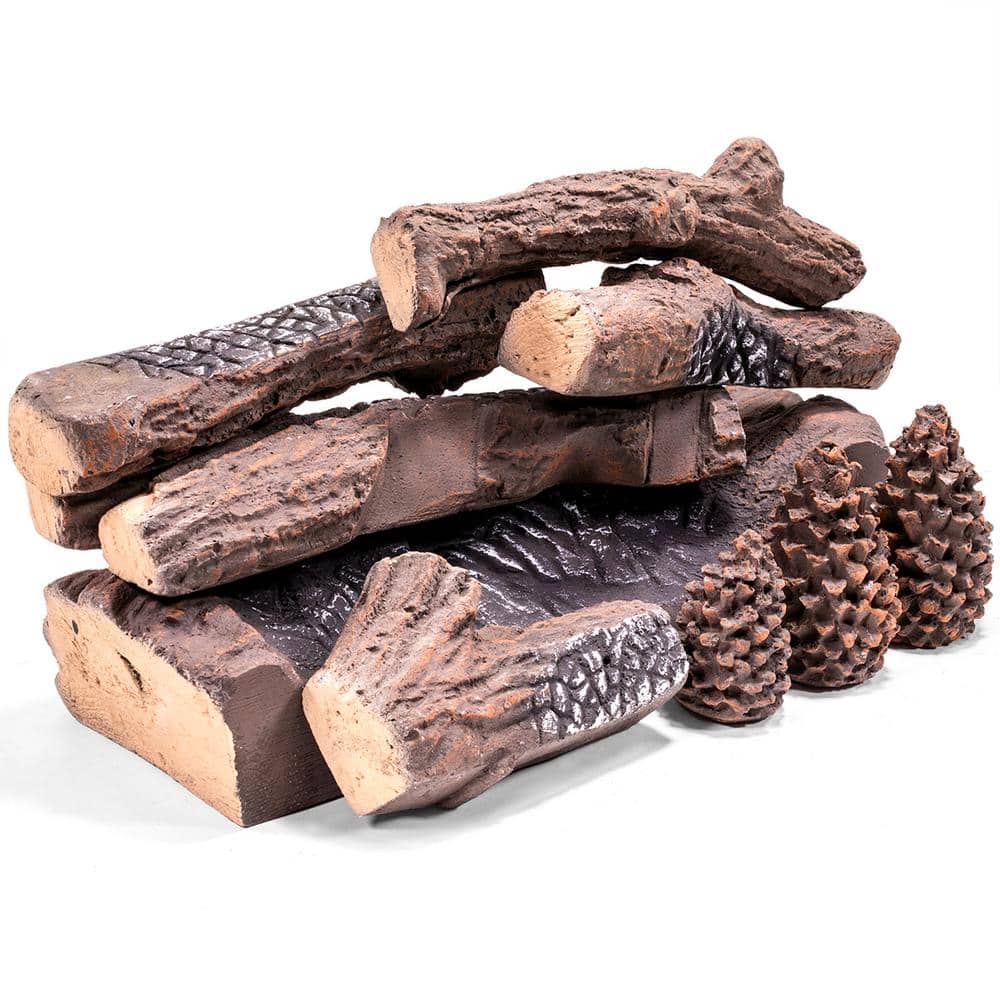 12.75 in. W Vented Decorative Ceramic Wood Gas Fireplace Logs Set for Indoor/Outdoor Fireplaces and Fire Pits (Set of 9) - Hercitys