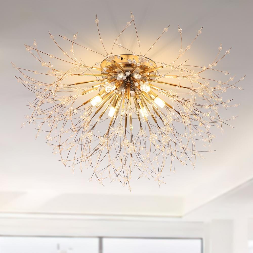 23.62 in. 6-Lights Gold Dandelion Modern/Contemporary Crystal Flush Mount Ceiling Light for Living Room - Hercitys
