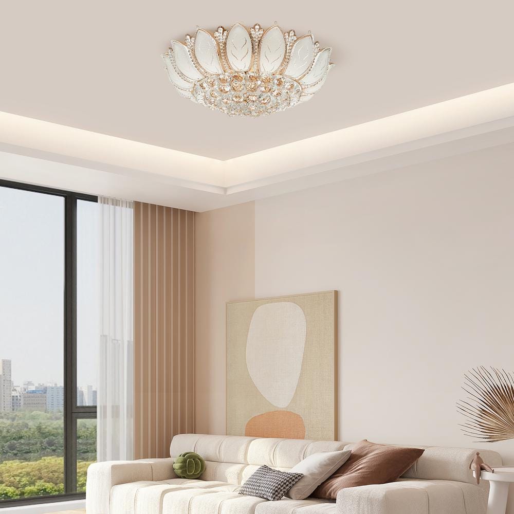 23.62 in. 7-Light Modern Gold Lotus Flower Shape Crystal Flush Mount Ceiling Lamp and No Bulbs Included - Hercitys