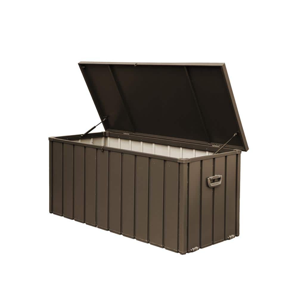 100 Gal. Dark Brown Metal Deck Box, Outdoor Storage Box with Lockable Lid, Wheels and Handles - Hercitys