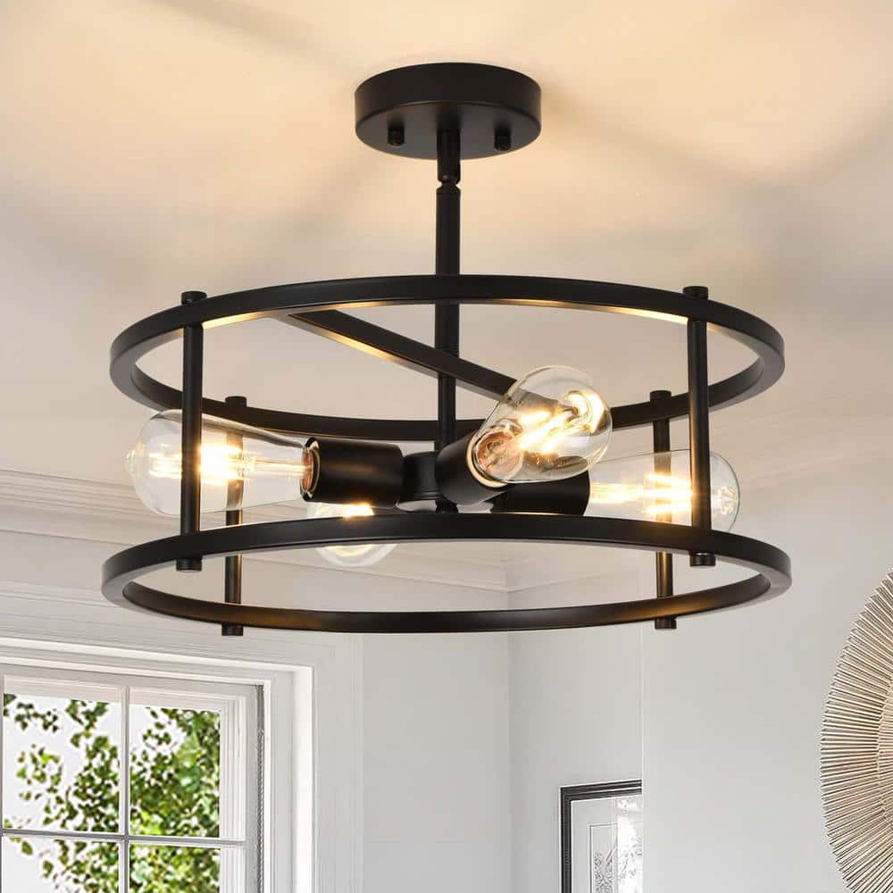 16.54 in. 4-Lights Farmhouse Matte Black Round Cage Industrial Semi-Flush Mount Ceiling Light - Hercitys