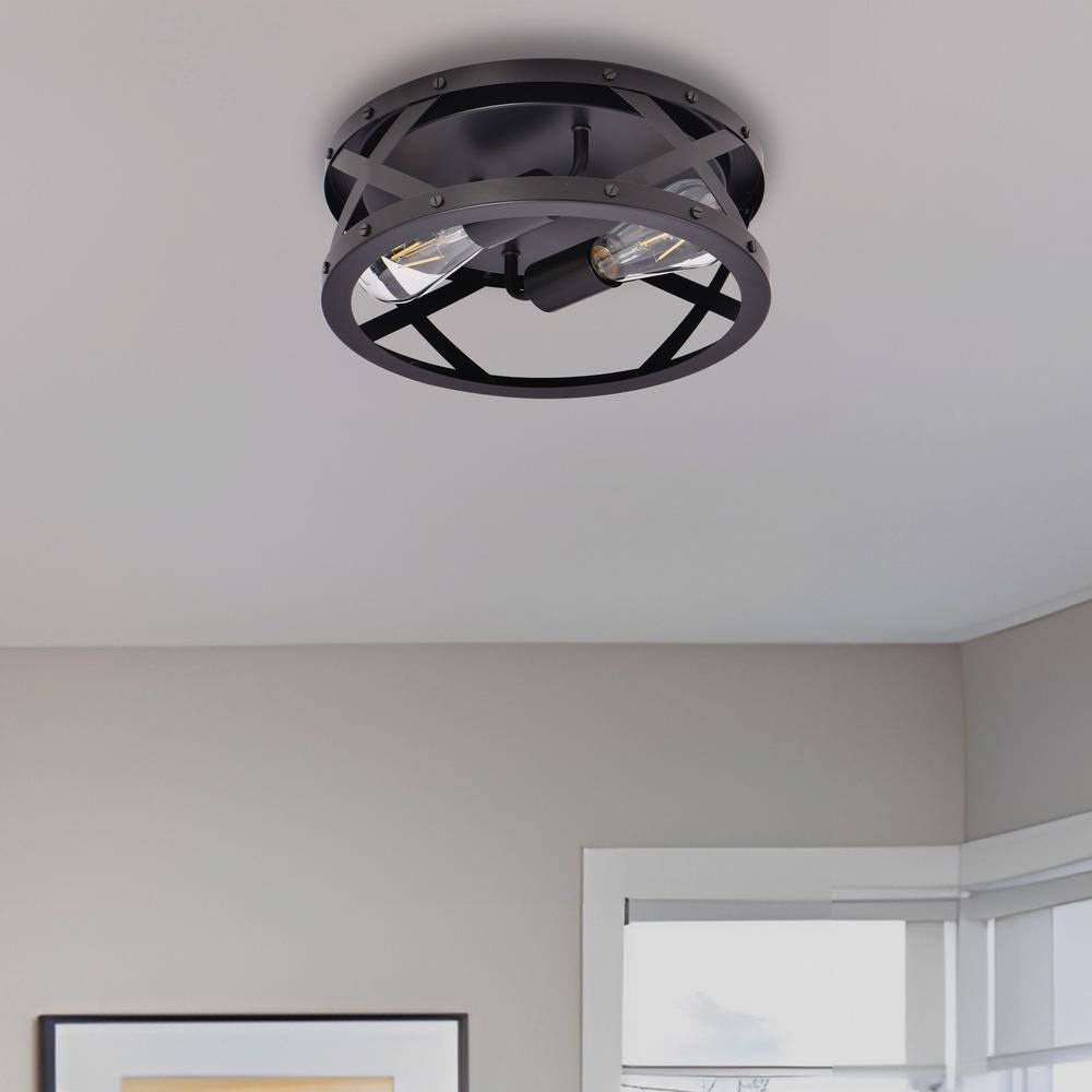 11.8 in. 2-Light Matte Black Flush Mount with Drum Shape - Hercitys