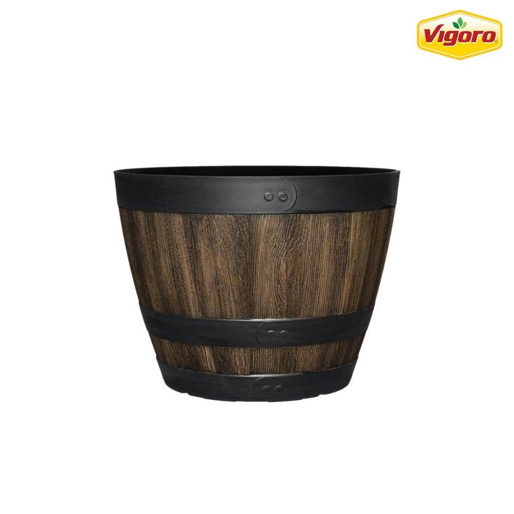 12.8 in. Reedley Medium Kentucky Walnut Brown Resin Barrel Planter (12.8 in. D x 10.5 in. H) - Hercitys