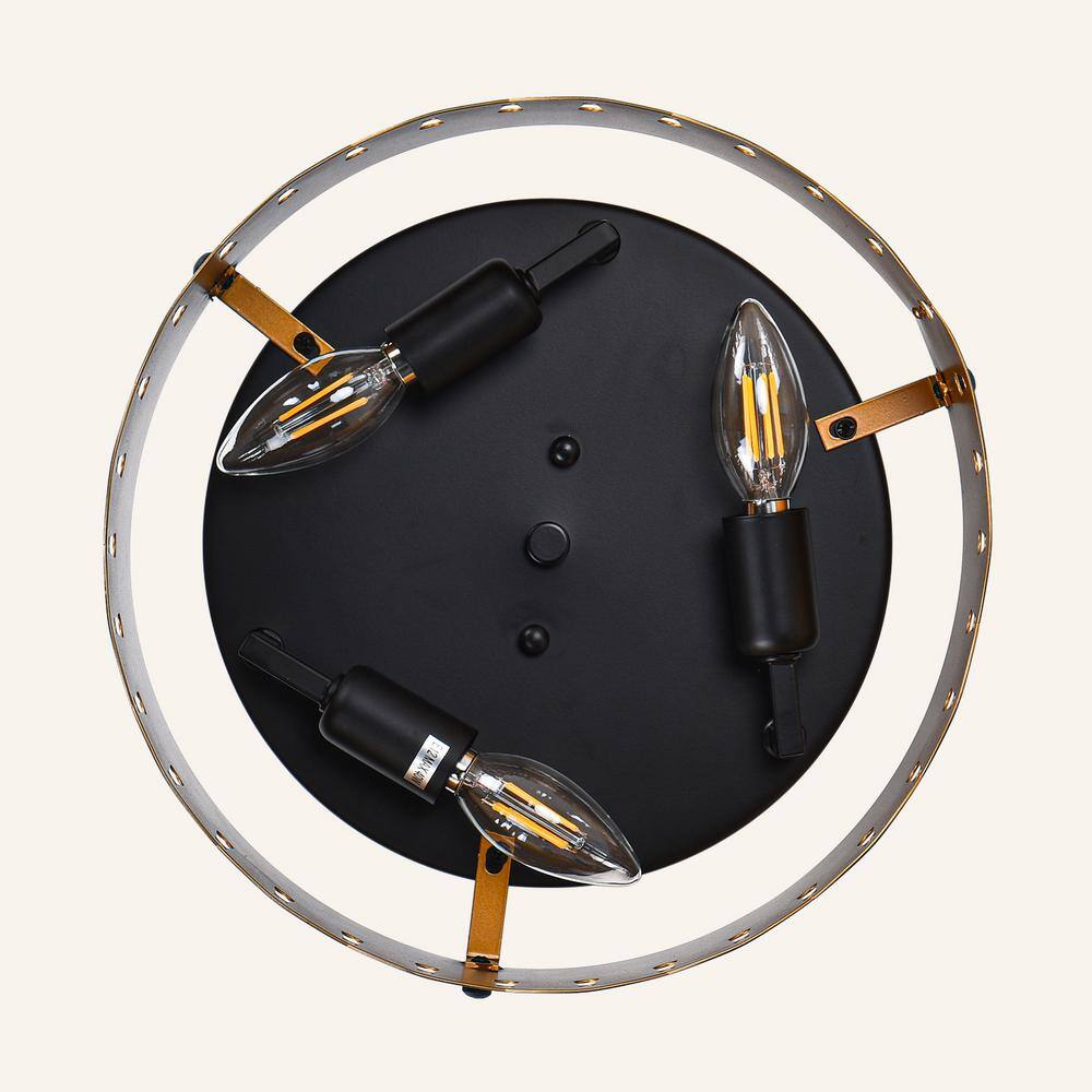12 in. 3-Light Matte Black Industrial Drum Flush Mount Ceiling Light with Brass Inside Finish and Wavy Brim Fixture - Hercitys