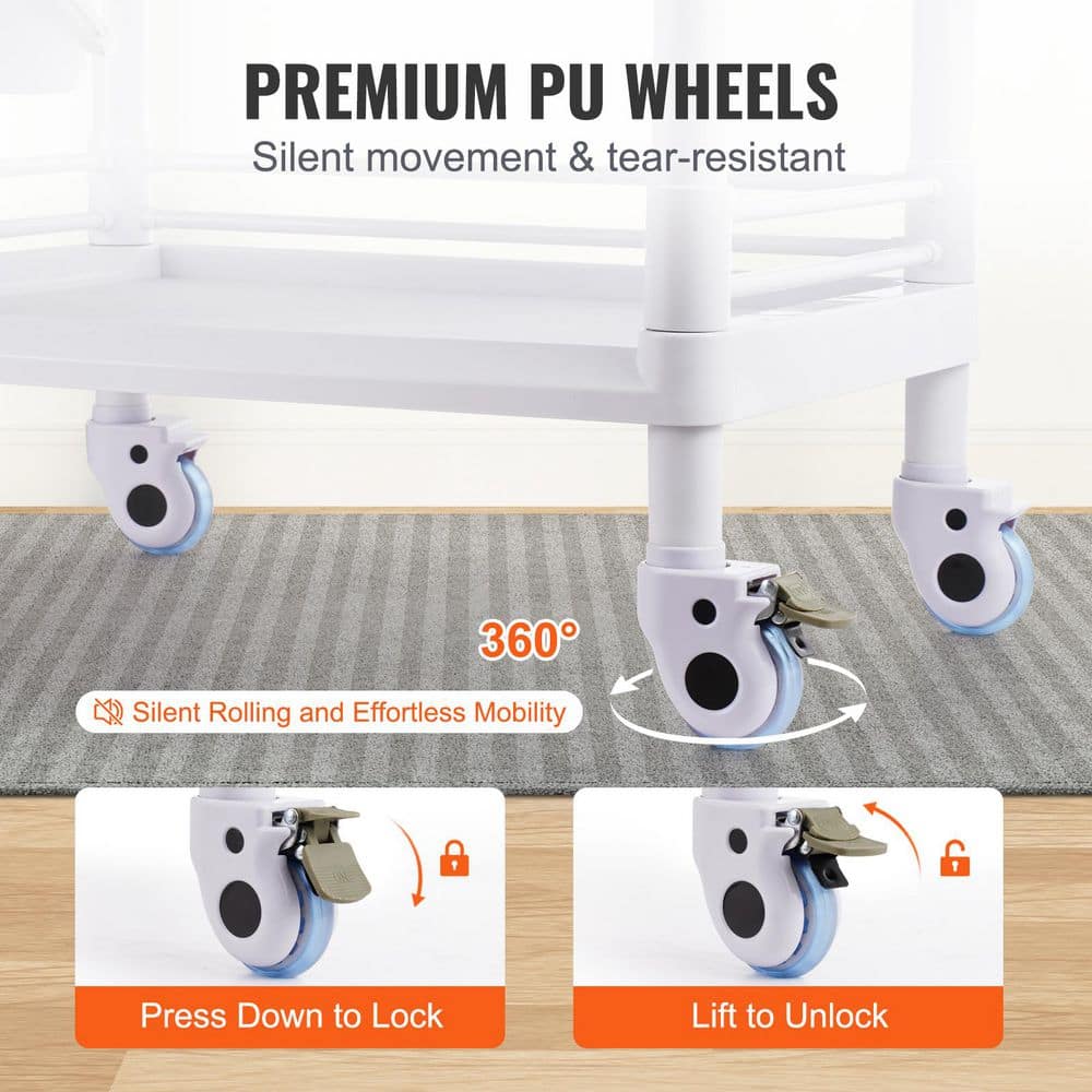 2 Tiers Lab Carts, Mobile Medical Cart with PP Material, 2 Drawers & 4 Silent Wheels, White Plastic Kitchen Cart - Hercitys