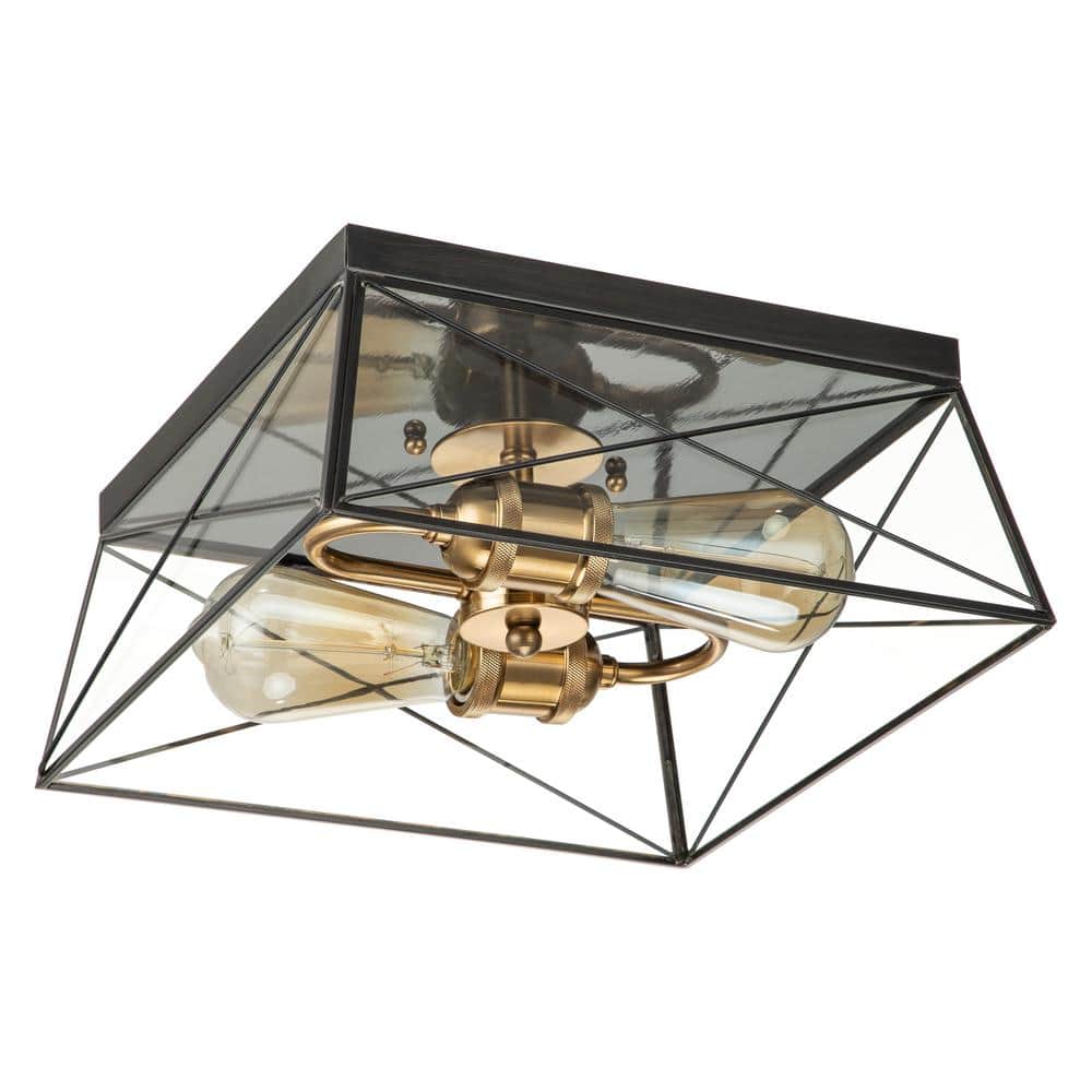 11.75 in. 2-Light Dark Bronze Finish Brass Flush Mount with Clear Tempered Glass Panes - Hercitys