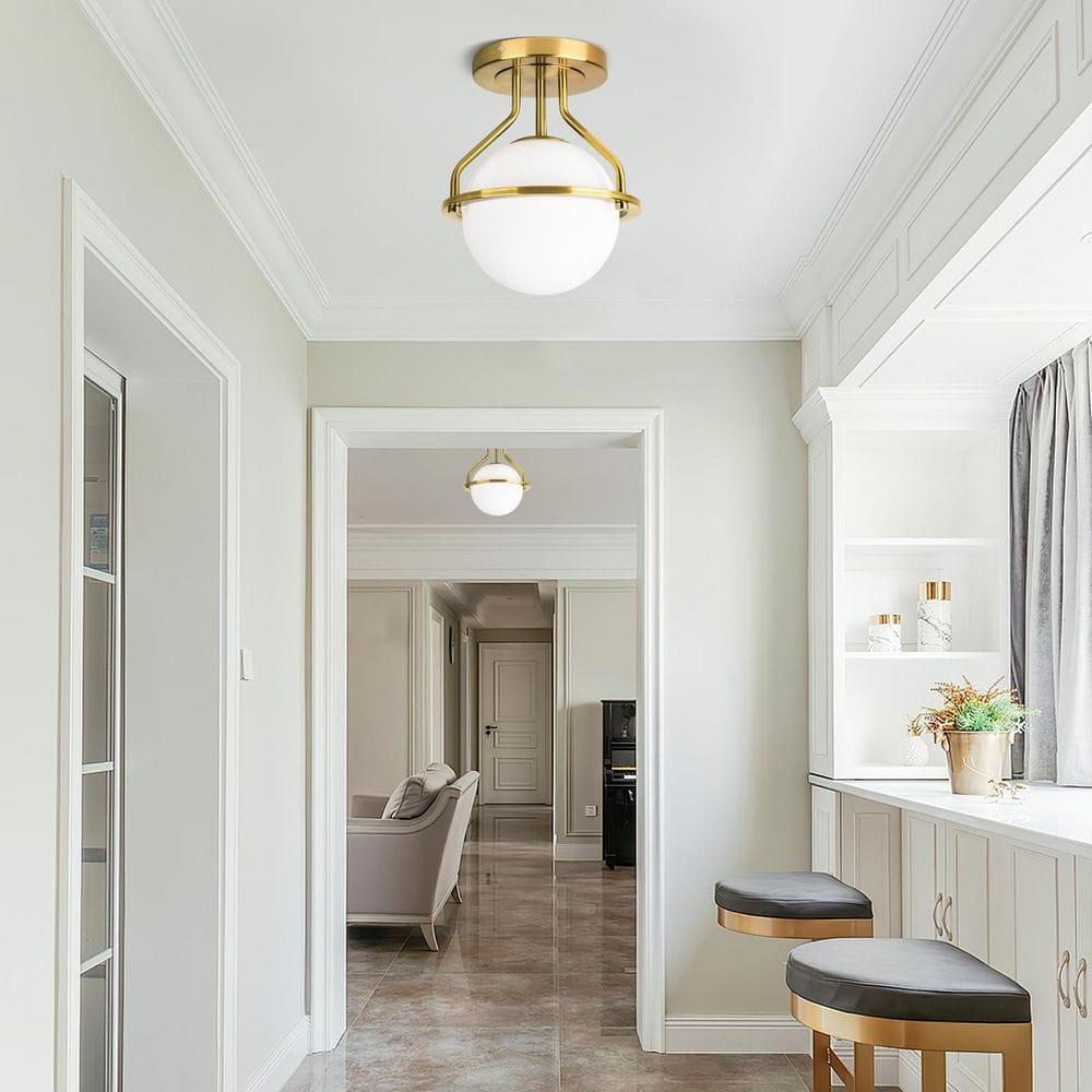 10 in. 1-Light Gold Semi-Flush Mount Ceiling Light Fixture with Milky Glass Globe Shade - Hercitys