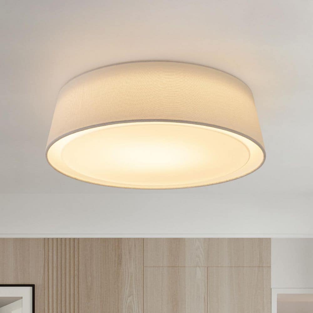 16.3 in. LED Flush Mount Ceiling Light Modern Cone Light Fixture with White Fabric Shade and Milky Glass Shade - Hercitys