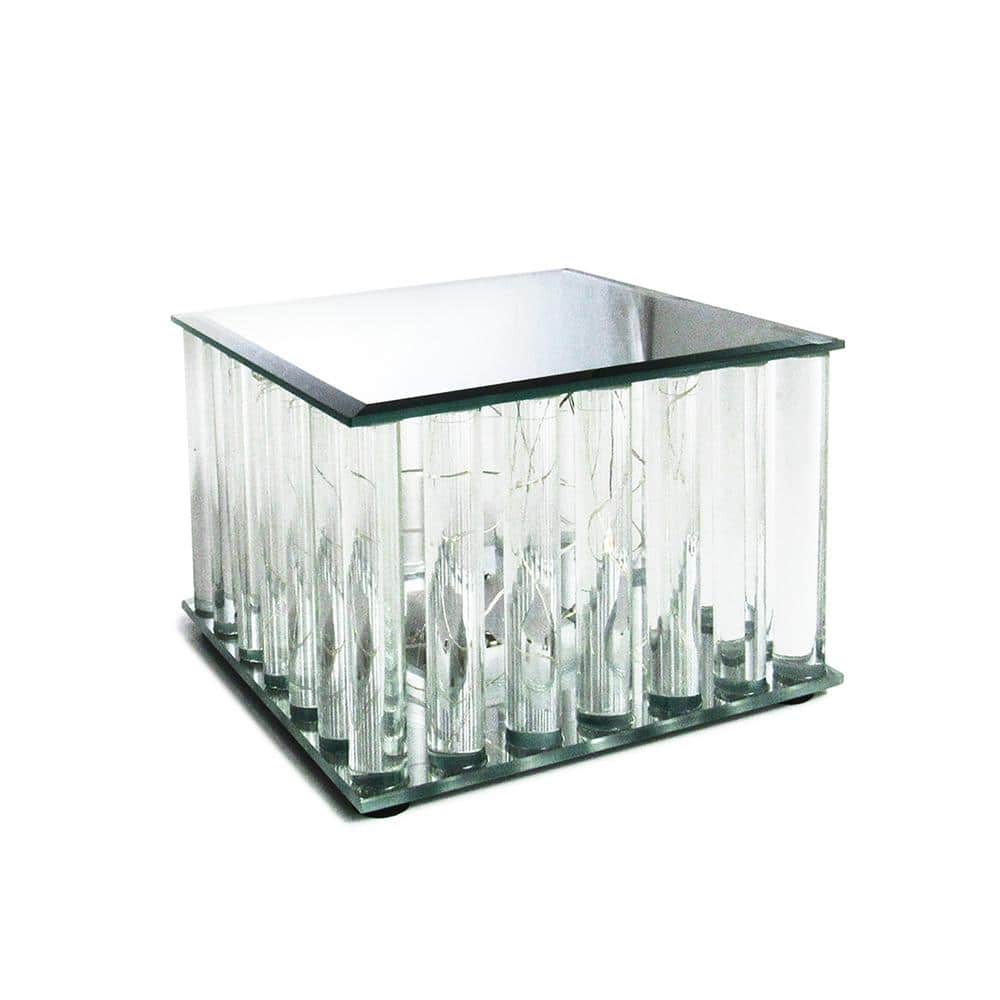1-Tier Clear Square Mirror LED Fairy Light Up Glass Columns Cake Stand Dessert Display Tray 6 in. - Hercitys