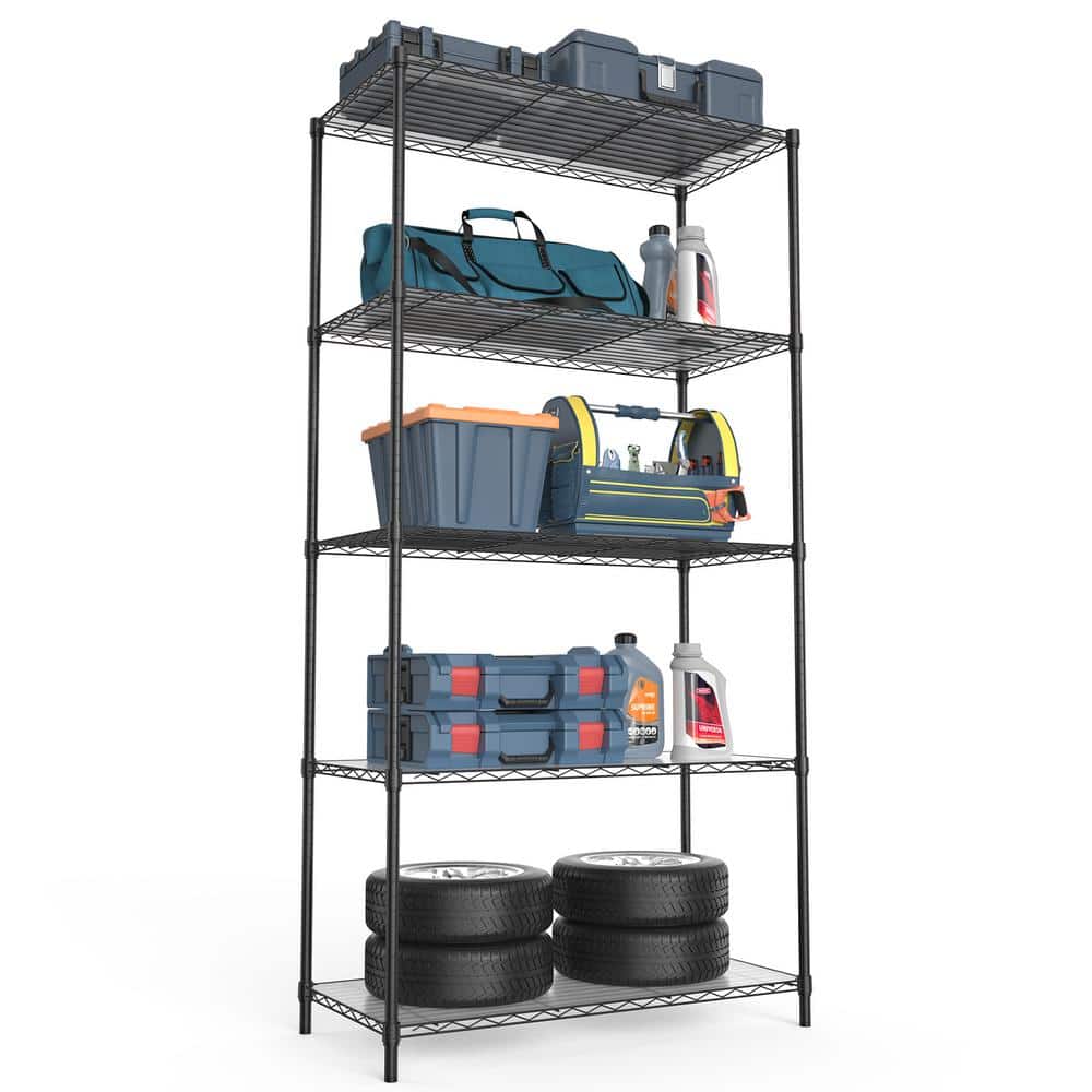 5-Tier Heavy Duty Steel Wire Shelving Unit in Black (16 in. W x 36 in. H x 72 in. D) - Hercitys