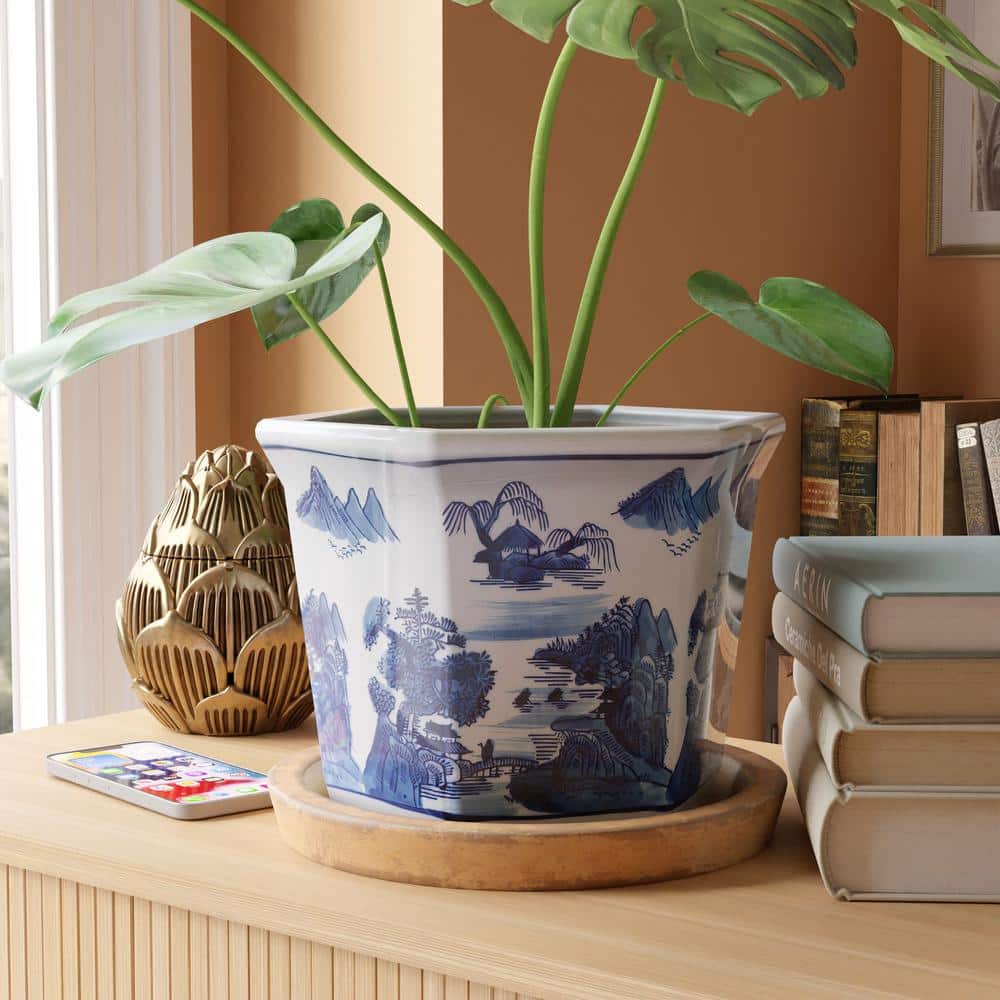 10 in. Landscape Blue and White Porcelain Flower Pot - Hercitys