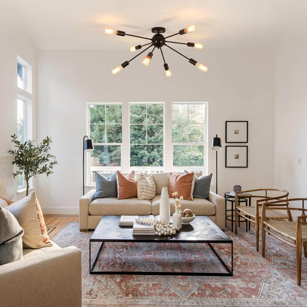 24.6 in. 8-Light Matte Black Sputnik Semi Flush Mount Chandelier for Bedroom Living Room with No Bulbs Included - Hercitys