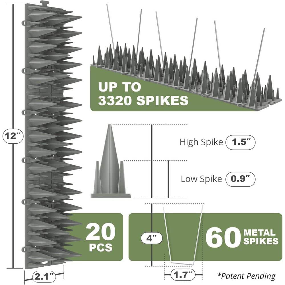 12 in. x 2.1 in. Plastic Bird Spikes Deterrent, 20 ft. 3200 Spikes to Keep Birds Away and Deter Barn Swallows (20-Pack) - Hercitys
