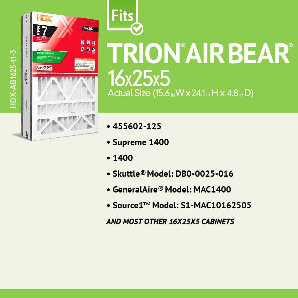 16 in. x 25 in. x 5 in. Trion AirBear Replacement Pleated Air Filter FPR 7, MERV 11 - Hercitys