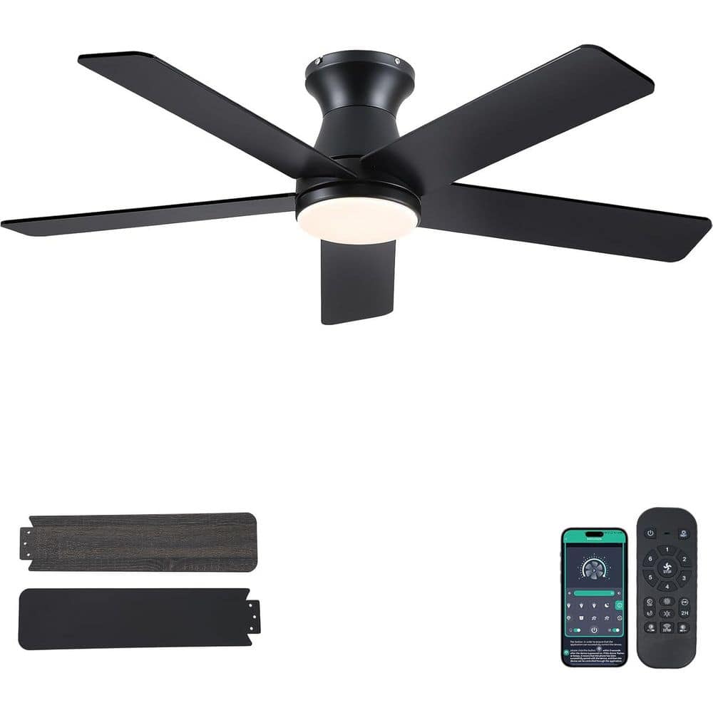 46 in. Indoor/Outdoor Modern Black Ceiling Fan with Dimmable LED 3 color Light and Remote/APP Control - Hercitys