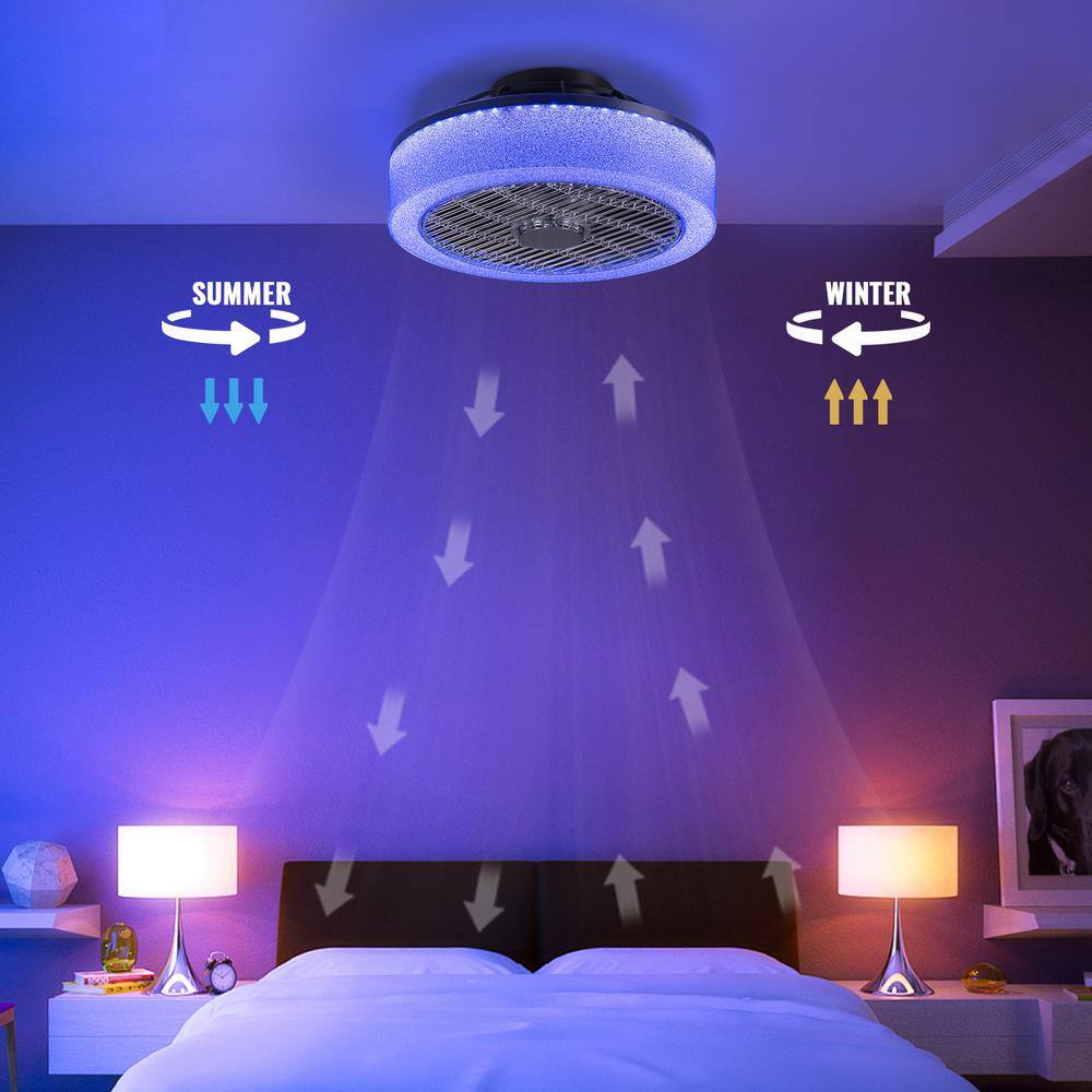 20 in. Indoor Black Caged Enclosed Ceiling Fan with LED Light Modern Low Profile Ceiling Fan with Remote and APP Control - Hercitys