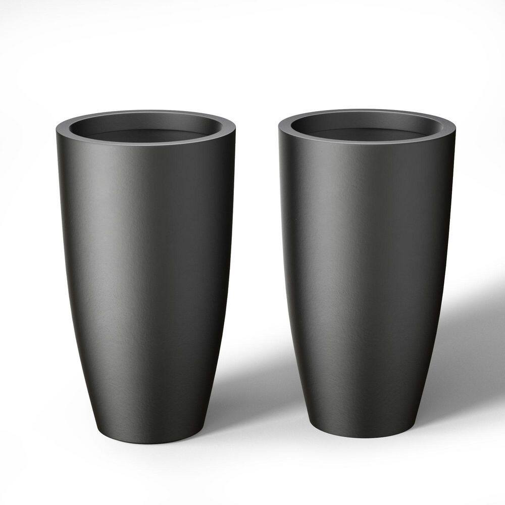 13.5 in. Large Charcoal Black Concrete Round Planter / Pot with Drainage Holes (Set of 2) - Hercitys