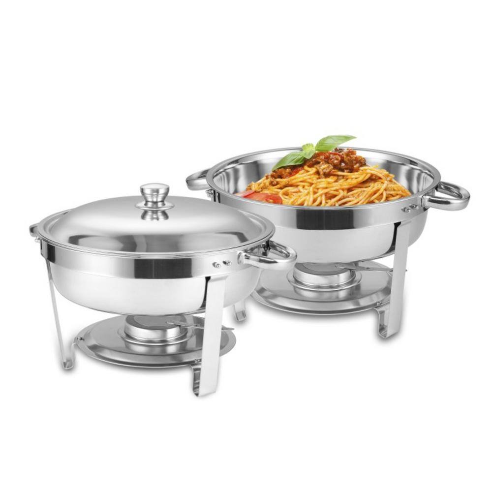 5 QT Silver Stainless Steel Round Buffet Catering Dish (Set of 2) - Hercitys