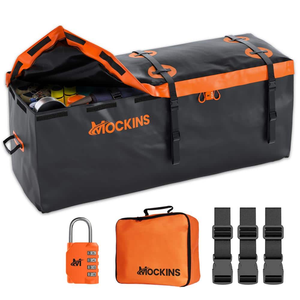 16 Cu.ft Waterproof Cargo Carrier Bag – 58 in.x 24 in.x 20 in. – Hitch Bag + Lock, Straps and Storage Bag, Orange - Hercitys