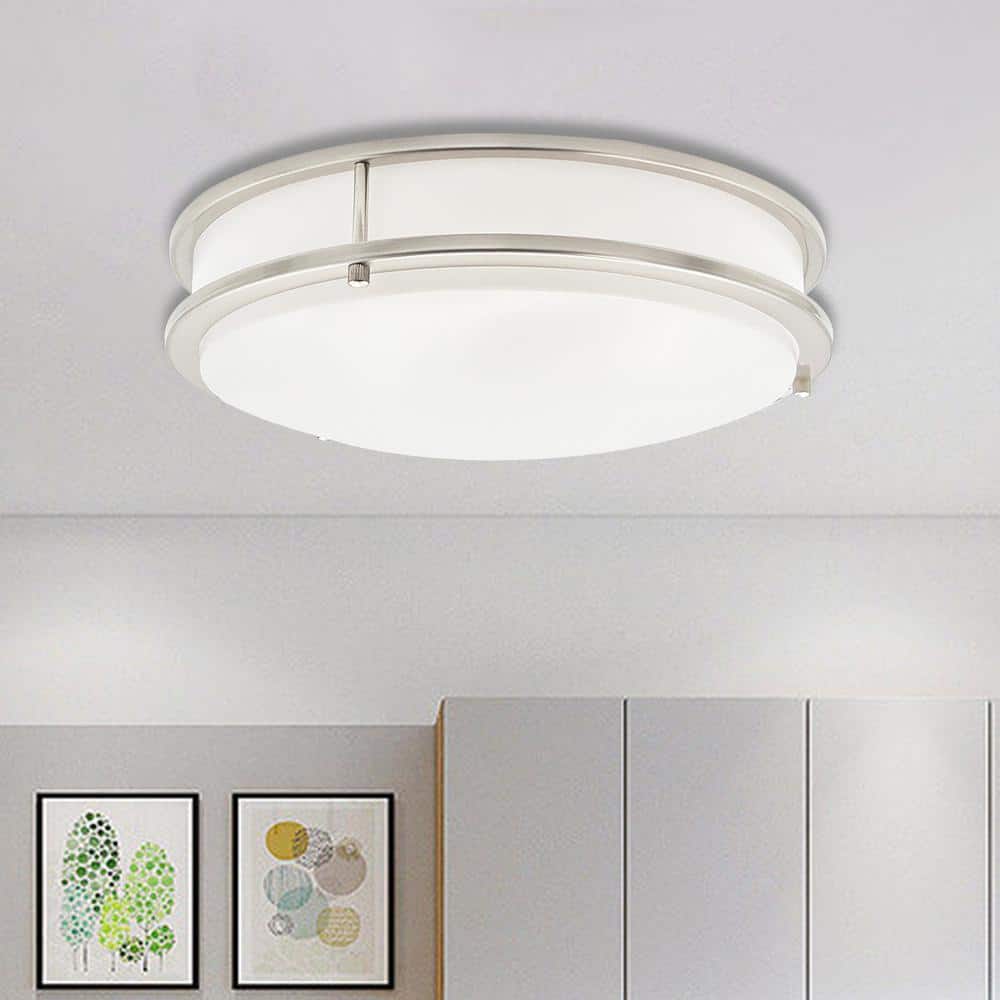 14 in. 20-Watt, 1600 Lumens Brushed Nickel LED Finish Double Ring CCT Flush Mount Ceiling Light - Hercitys