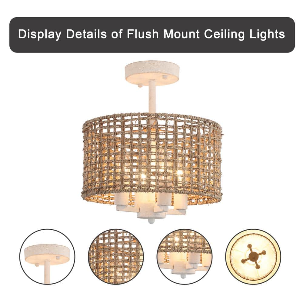 11.8 in. 4-Light Distressed White Farmhouse Drum Semi-Flush Mount Ceiling Light Fixture with Hand Woven Shade - Hercitys
